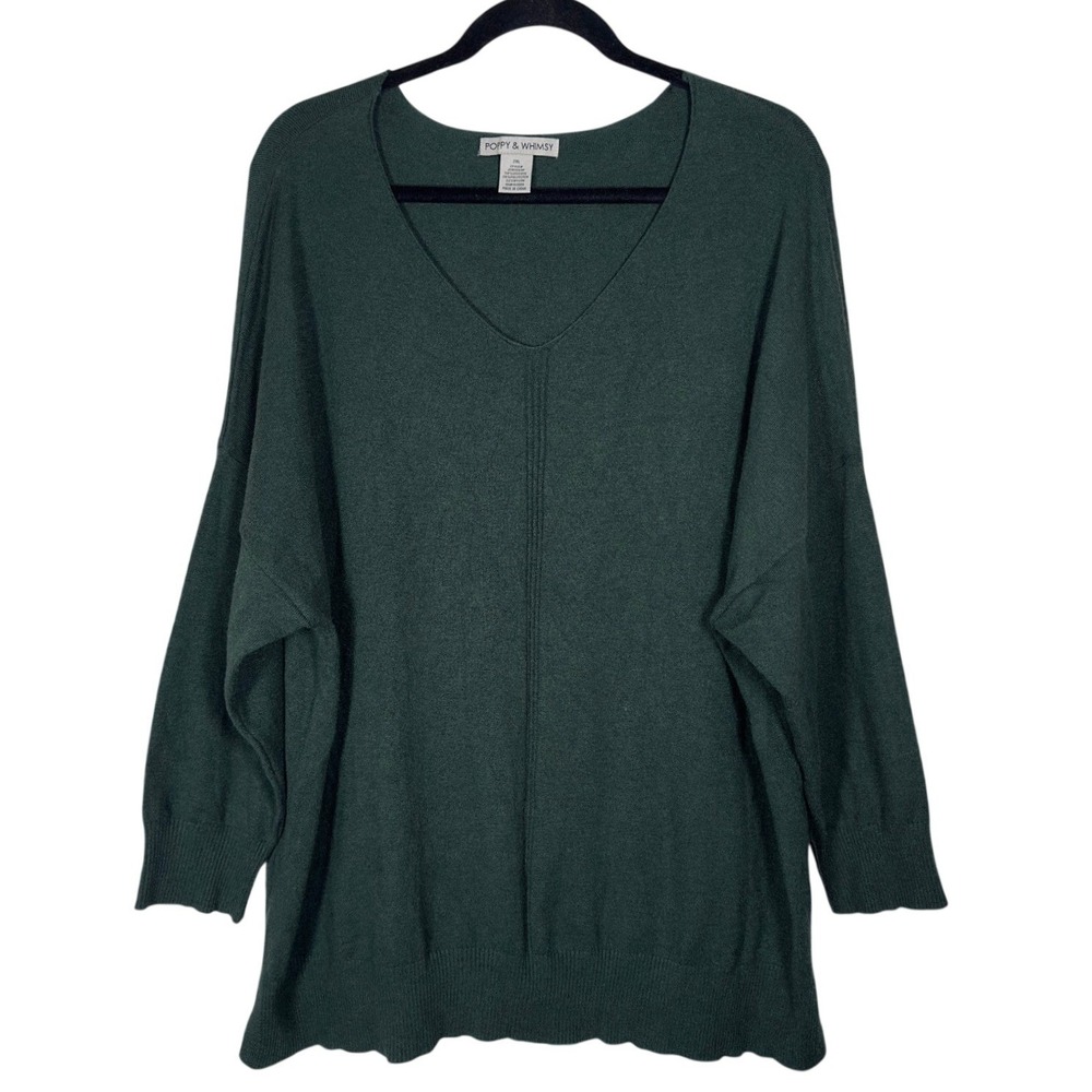 Poppy & Whimsy Womens 2XL Dark Green Viscose Blend V-Neck Knit‎ Top Sweater